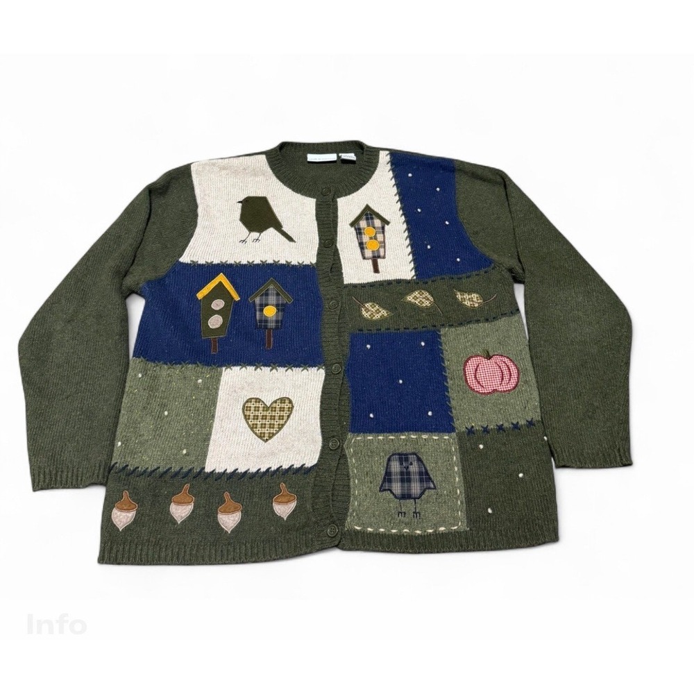 Croft & Barrow Womens M Cardigan Sweater Fall Patchwork Birdhouse Acorn Angora